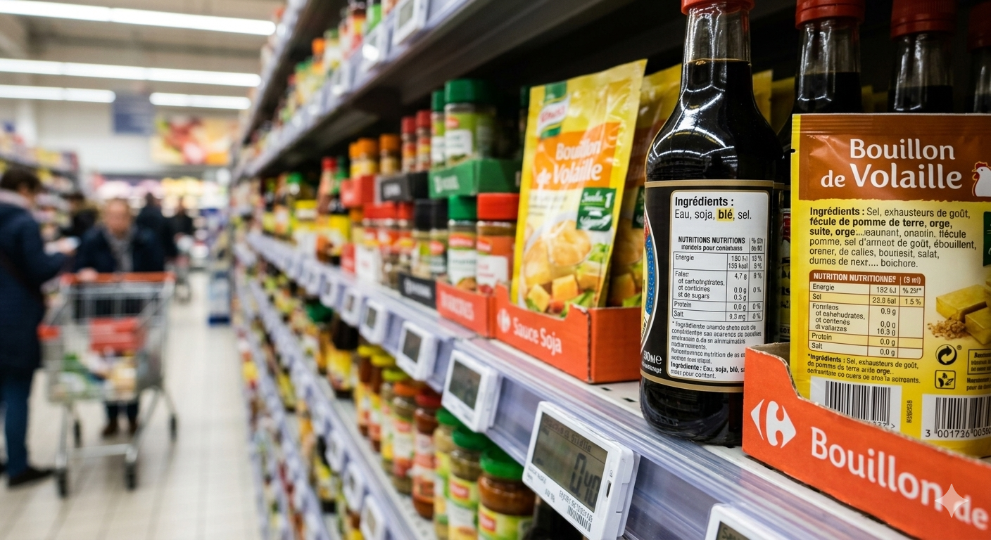 Image photoréaliste montrant l'organisation d'une cuisine partagée sans gluten pour éviter la contamination croisée dans un supermarché à Tunis, avec l'expertise Glucélia