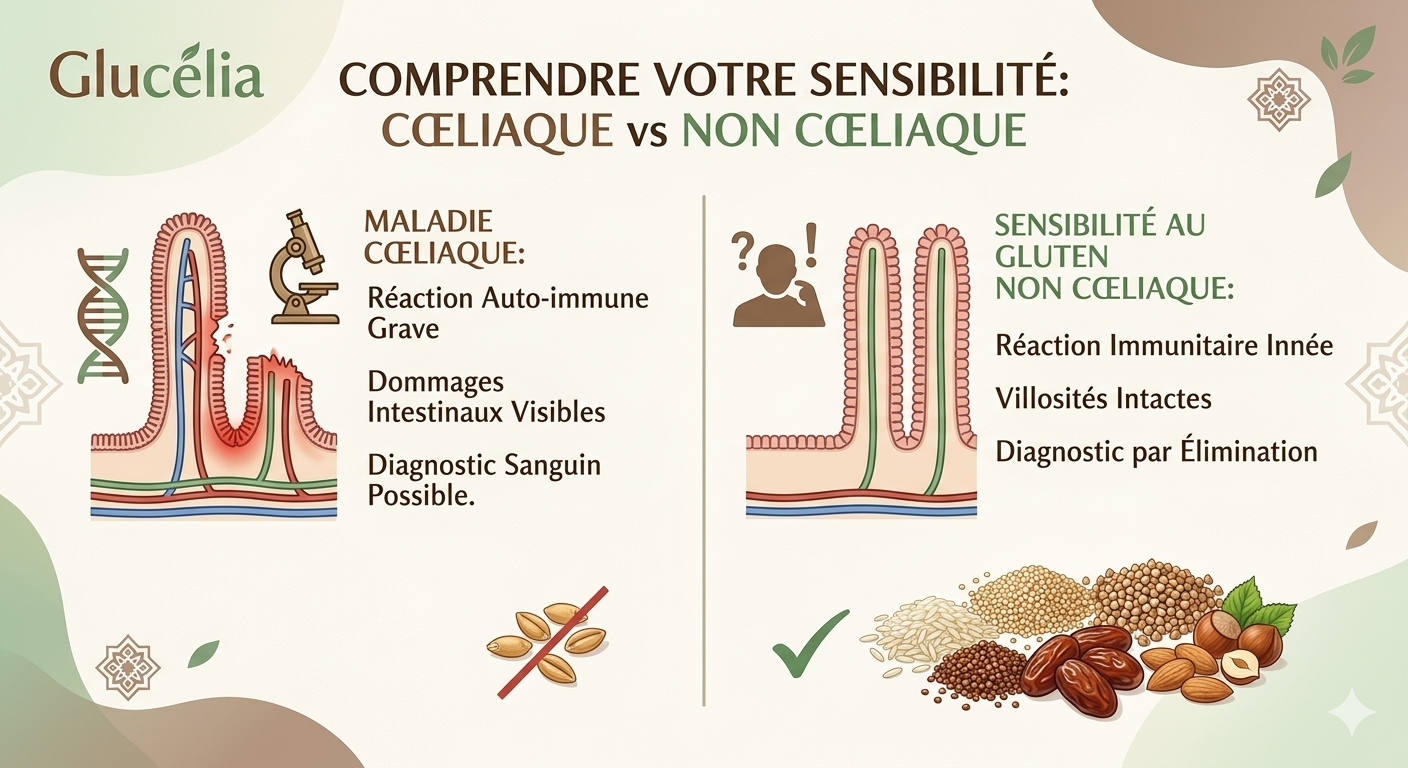 Infographie comparant la Maladie Cœliaque et la Sensibilité au Gluten Non Cœliaque pour l'expertise Glucélia
