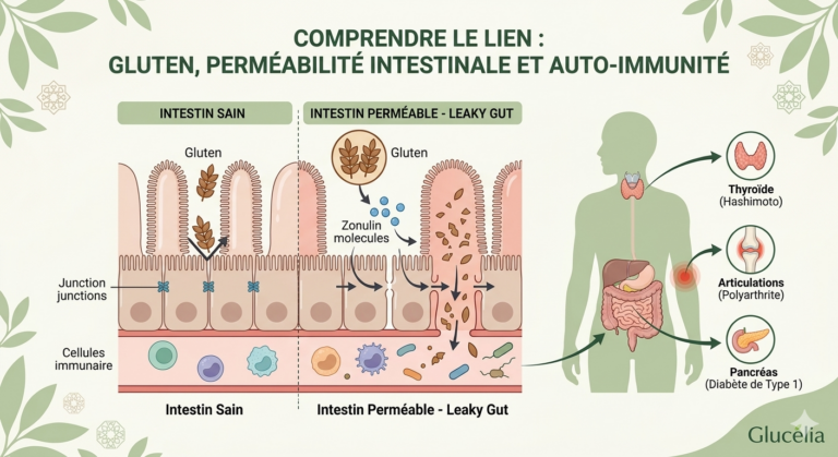 Schéma explicatif montrant comment le gluten provoque la perméabilité intestinale et déclenche des maladies auto-immunes pour l'expertise Glucélia