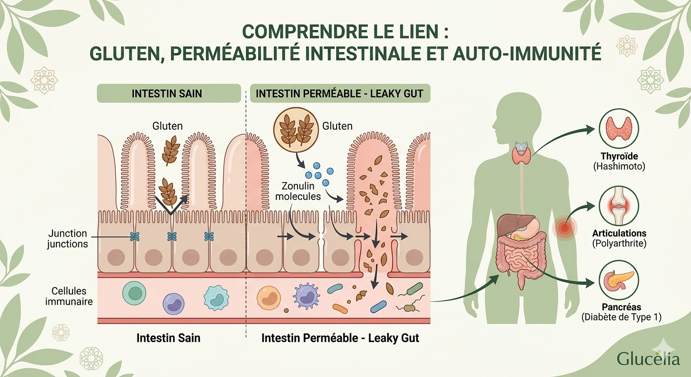 Schéma explicatif montrant comment le gluten provoque la perméabilité intestinale et déclenche des maladies auto-immunes pour l'expertise Glucélia