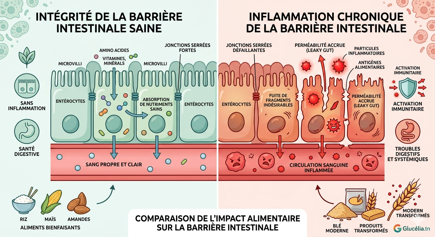infographie simple et pédagogique illustre la différence fondamentale entre une barrière intestinale saine et une barrière intestinale enflammée